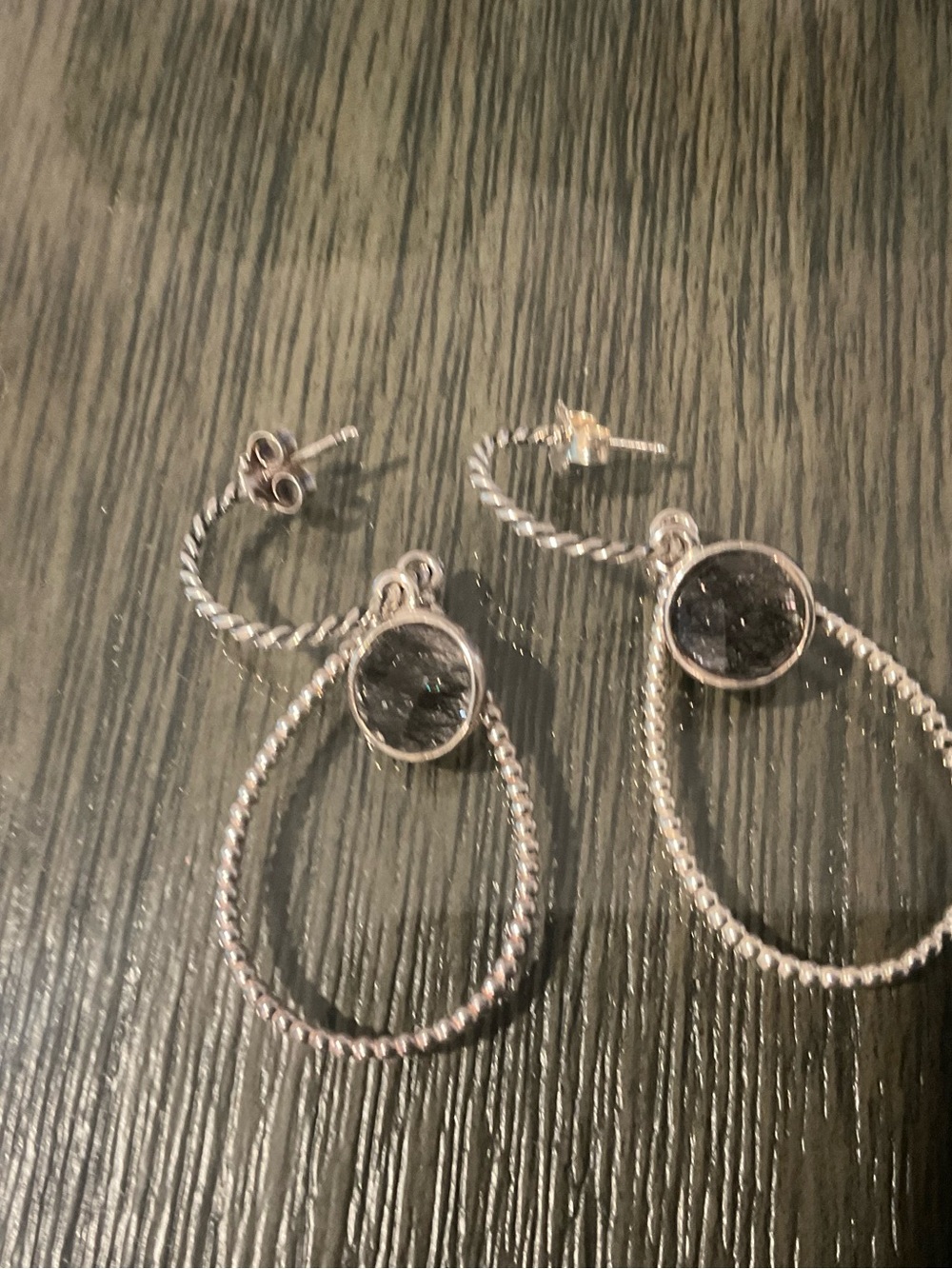 Pandora Sterling Silver Black Rutilated Quartz Hoop Earrings 925 - Picture 2 of 8